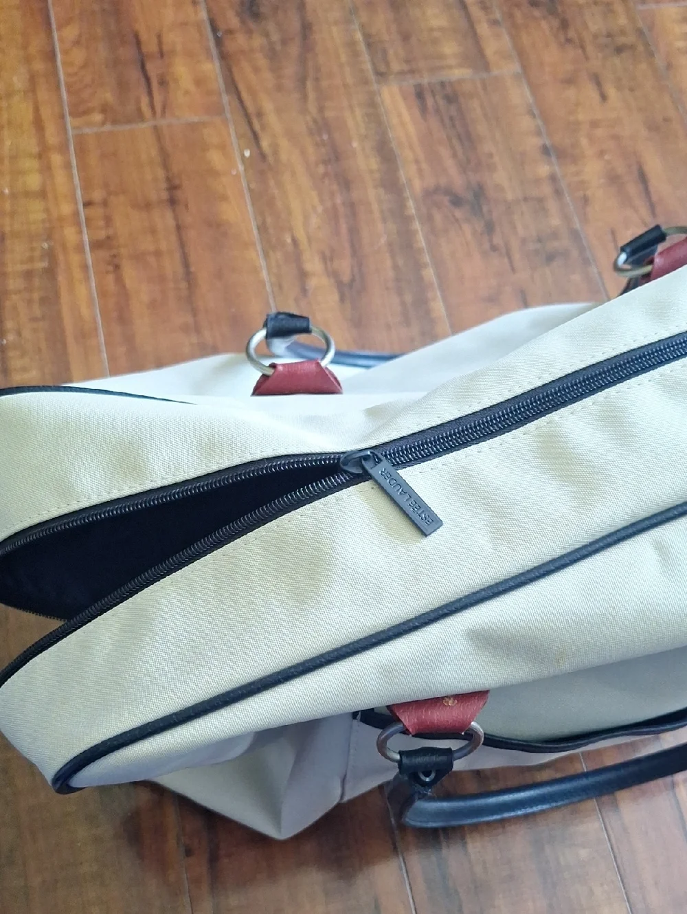 Estee Lauder Cream Duffel Weekender Vintage Bag Handles White, Red & Blue